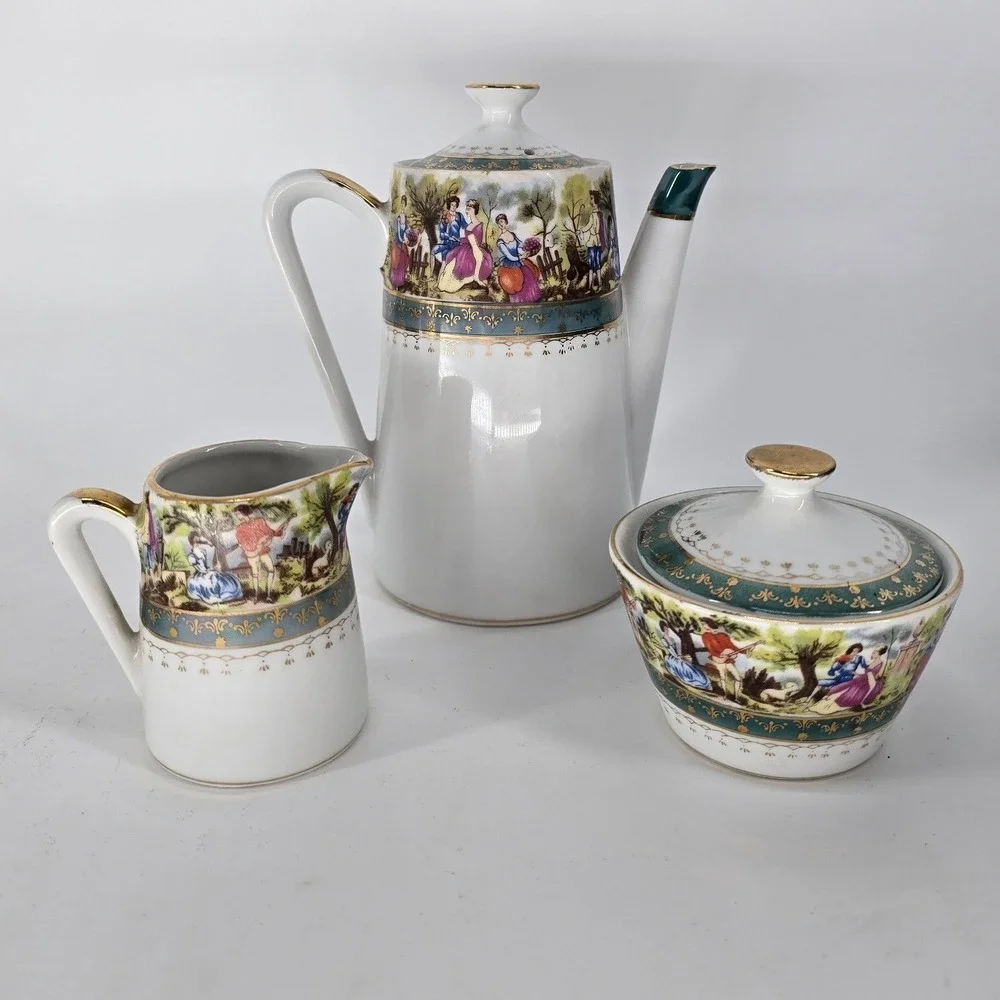 Vintage Fragonard Style Porcelain Tea Set‎ Teapot Sugar Creamer Courting Couple